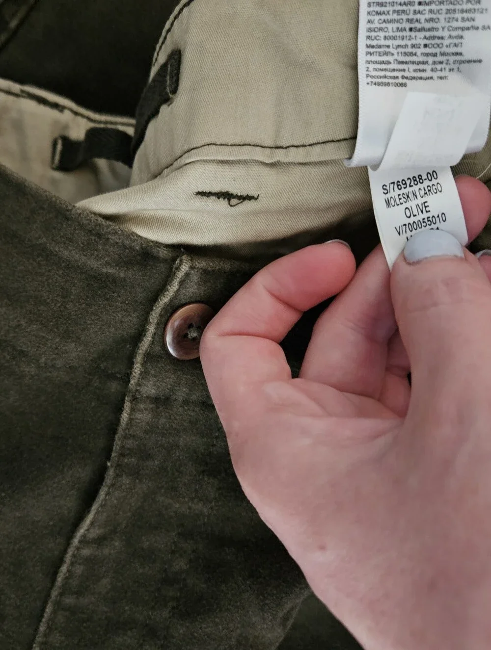 Brushed Moleskin Olive Cargo Pants. Waist Size 31.